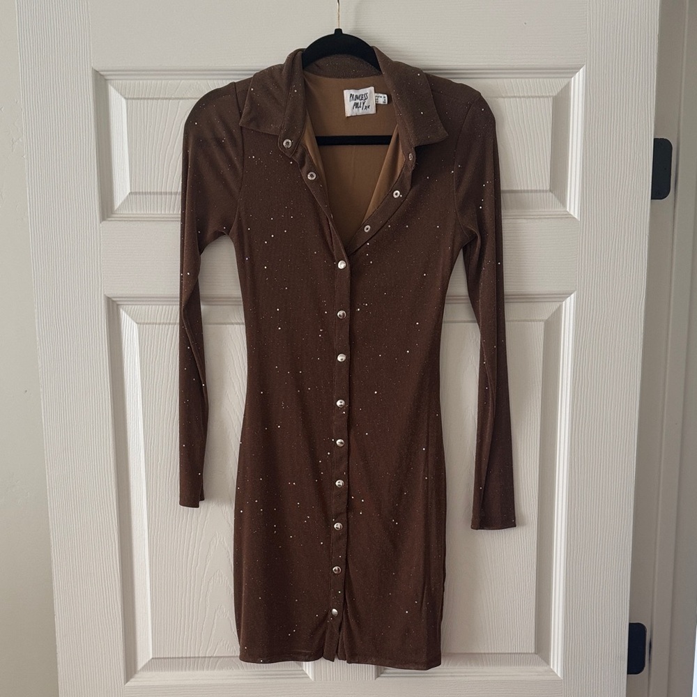 Princess Polly Brown Long Sleeve Button-Front Dress with Sparkle